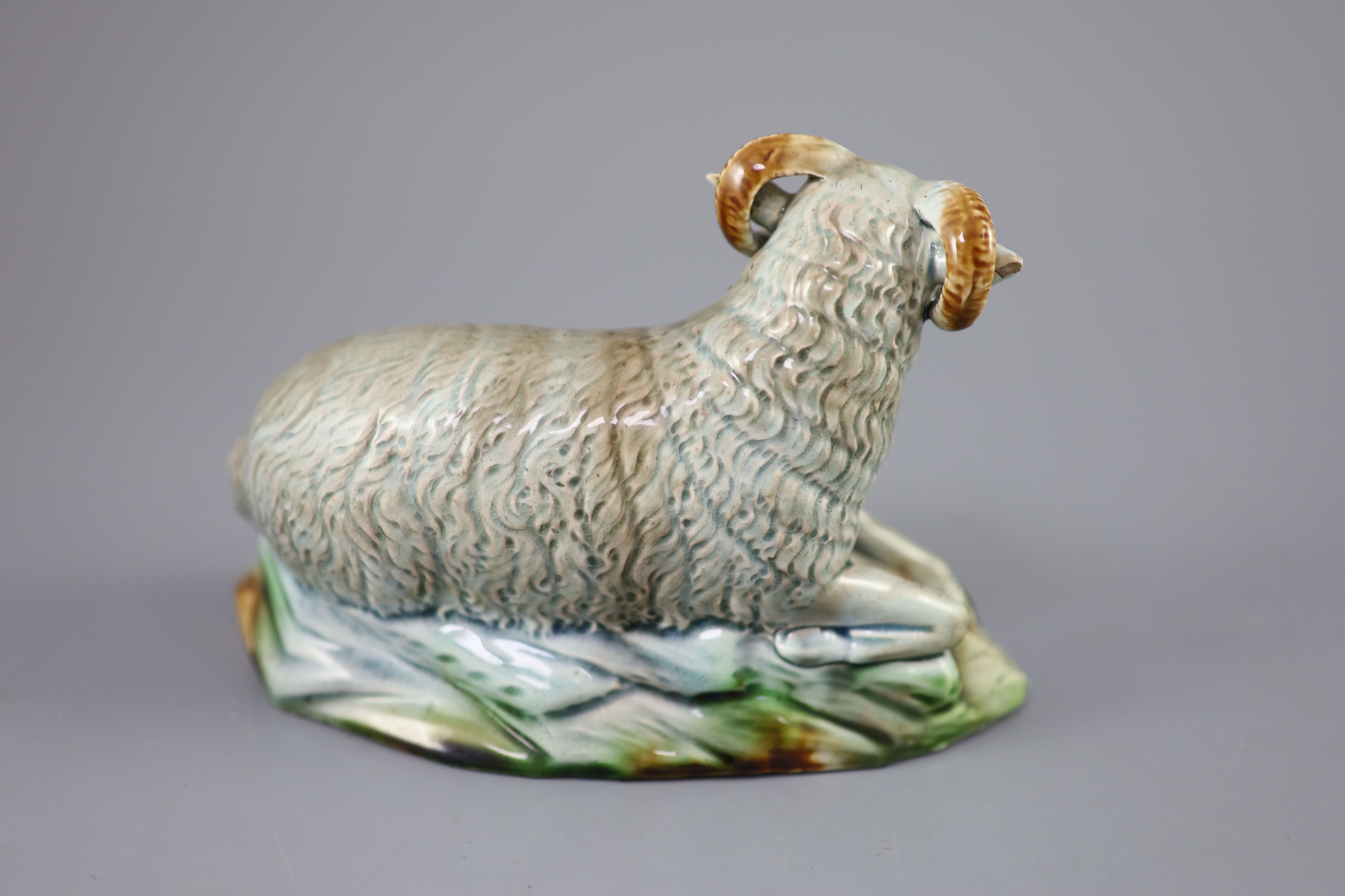 A Ralph Wood the Younger polychrome pottery figure of a Ram, c.1780-90, 18.2cm long